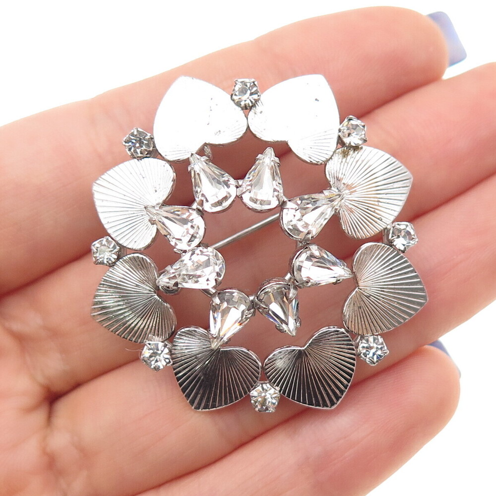 CARL ART 925 Sterling Silver Antique Art Deco Rhinestone Heart Pin Brooch